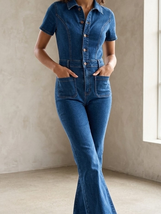 Windsor Denim - Windsor Dark Blue Denim Short Sleeve Overalls Jumpsuit